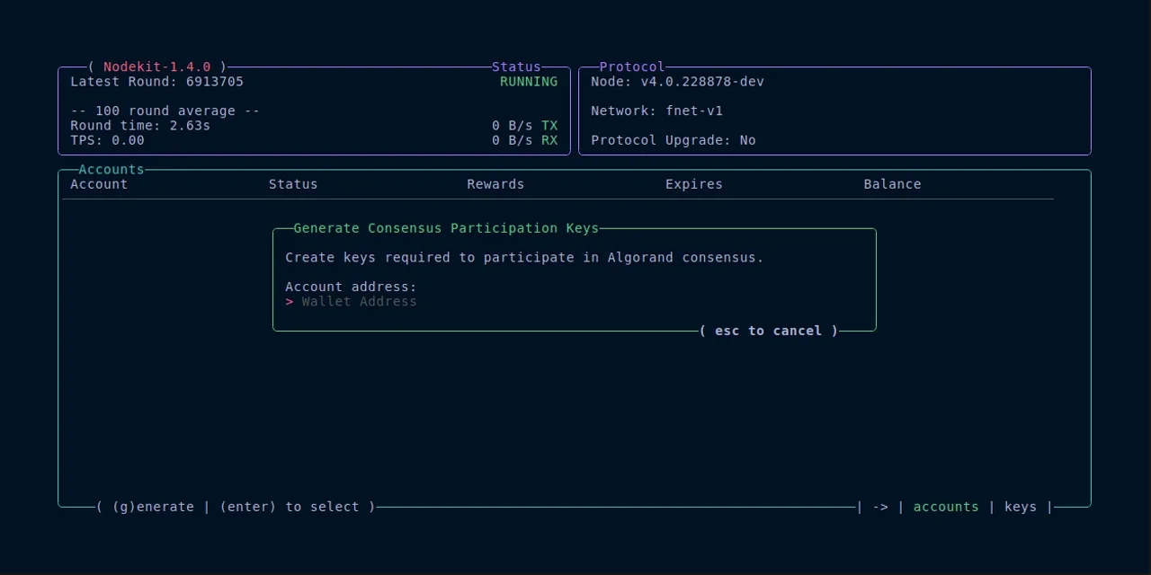 NodeKit account address prompt